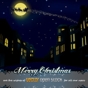 クリスマスな街と月に映るサンタクロース イラストレーター素材 Materialandex